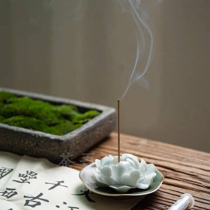 Gohobi Handmade Ceramic White Lotus Incense Stick Holder at Joetie Home Fragrance. Luxury Handmade Apothecary Soy Candles