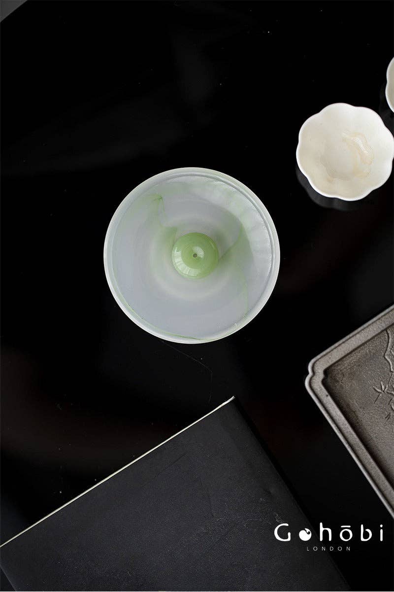 Gohobi Spring Shadow Glazed Incense Holder – Ceramic Ash Catching Incense Tray: Ink pattern incense tray (green) + Incense plug