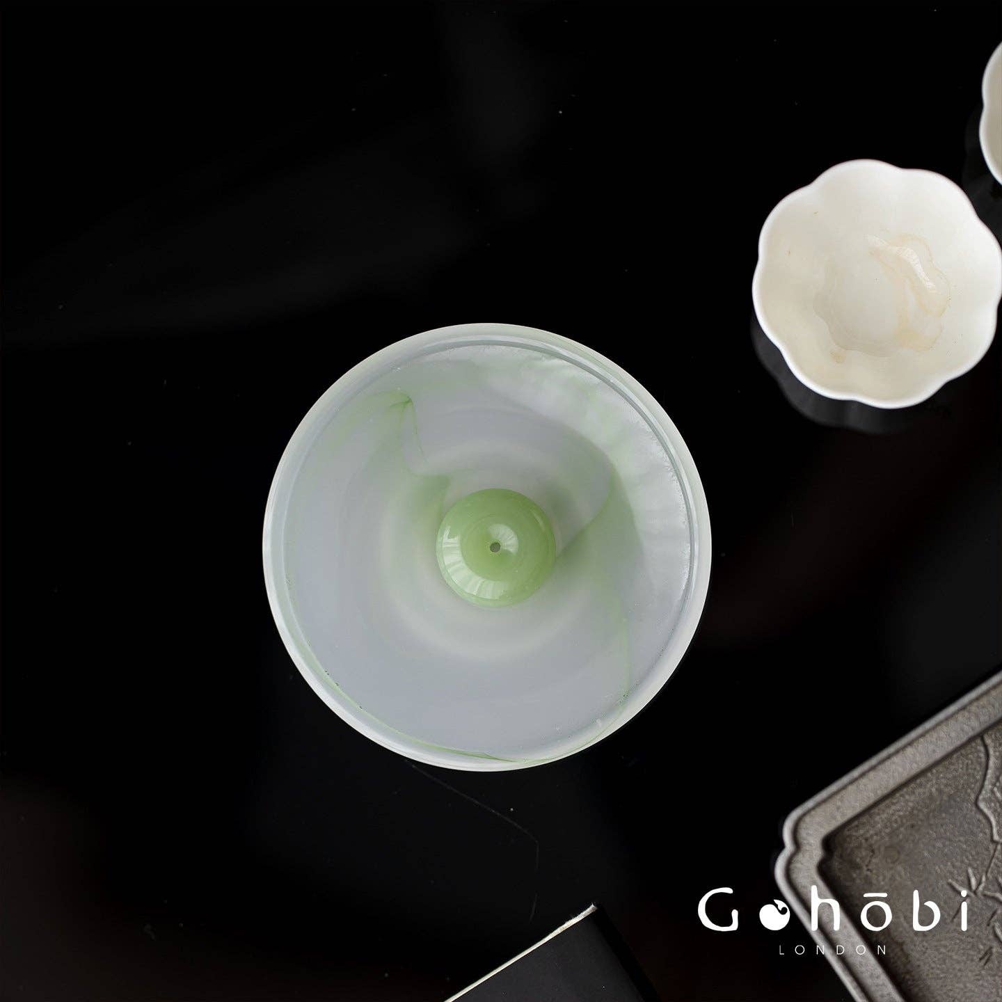 Gohobi Spring Shadow Glazed Incense Holder – Ceramic Ash Catching Incense Tray: Ink pattern incense tray (green) + Incense plug