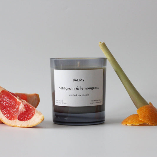 Balmy Petitgrain & Lemongrass Scented Candle at Joetie Home Fragrance. Luxury Handmade Apothecary Soy Candles