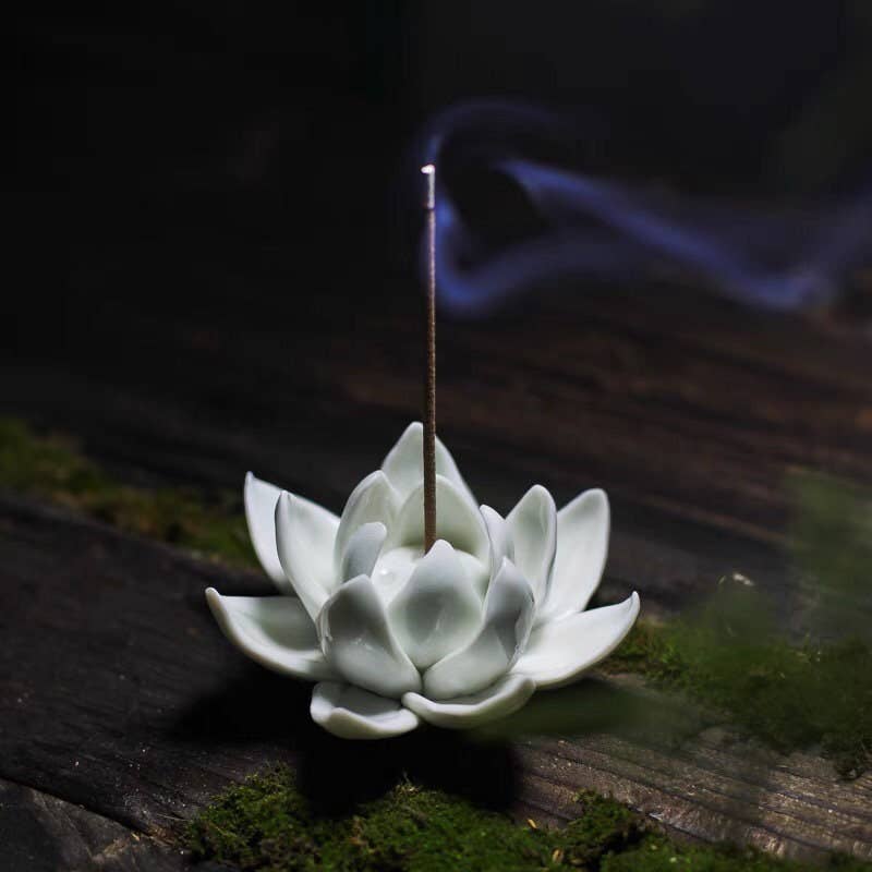 Gohobi Handmade Ceramic White Lotus Incense Stick Holder at Joetie Home Fragrance. Luxury Handmade Apothecary Soy Candles