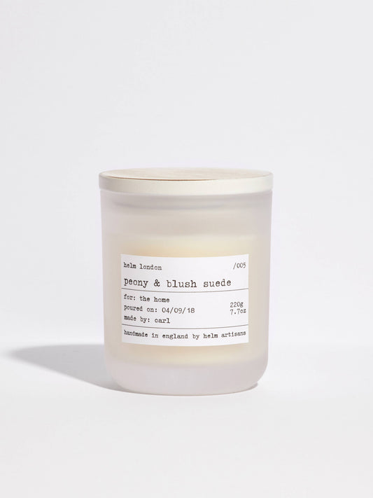 Helm London Peony & Blush Suede Soy Wax Candle at Joetie Home Fragrance. Luxury Handmade Apothecary Soy Candles