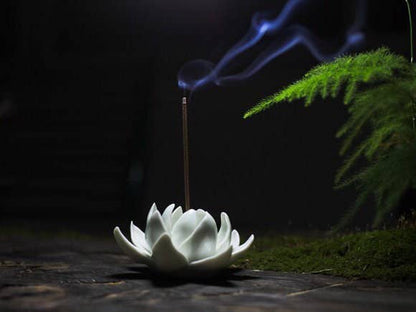 Gohobi Handmade Ceramic White Lotus Incense Stick Holder at Joetie Home Fragrance. Luxury Handmade Apothecary Soy Candles