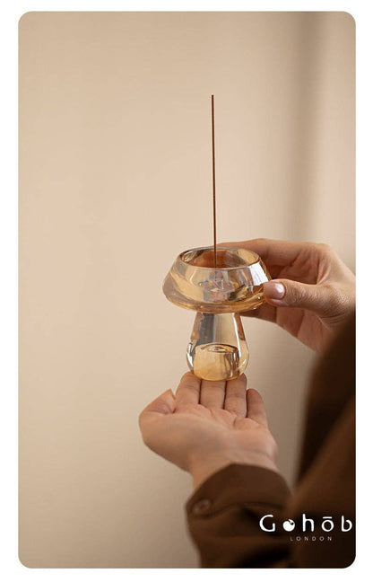 Gohobi Mushroom Glass Incense Holder – New Chinese Style Desktop Incense Tray: Bright Yellow