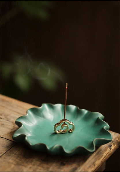 Gohobi Handmade Ceramic Lotus Leaf Incense Holder Plate at Joetie Home Fragrance. Luxury Handmade Apothecary Soy Candles