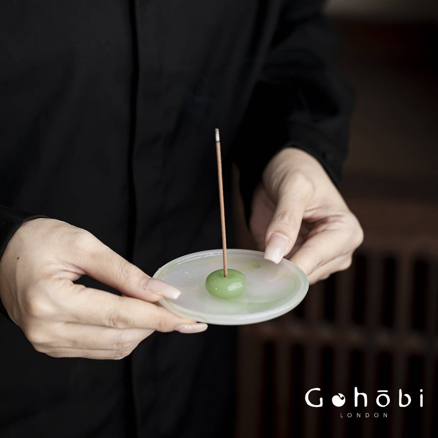 Gohobi Spring Shadow Glazed Incense Holder – Ceramic Ash Catching Incense Tray: Ink pattern incense plate - green