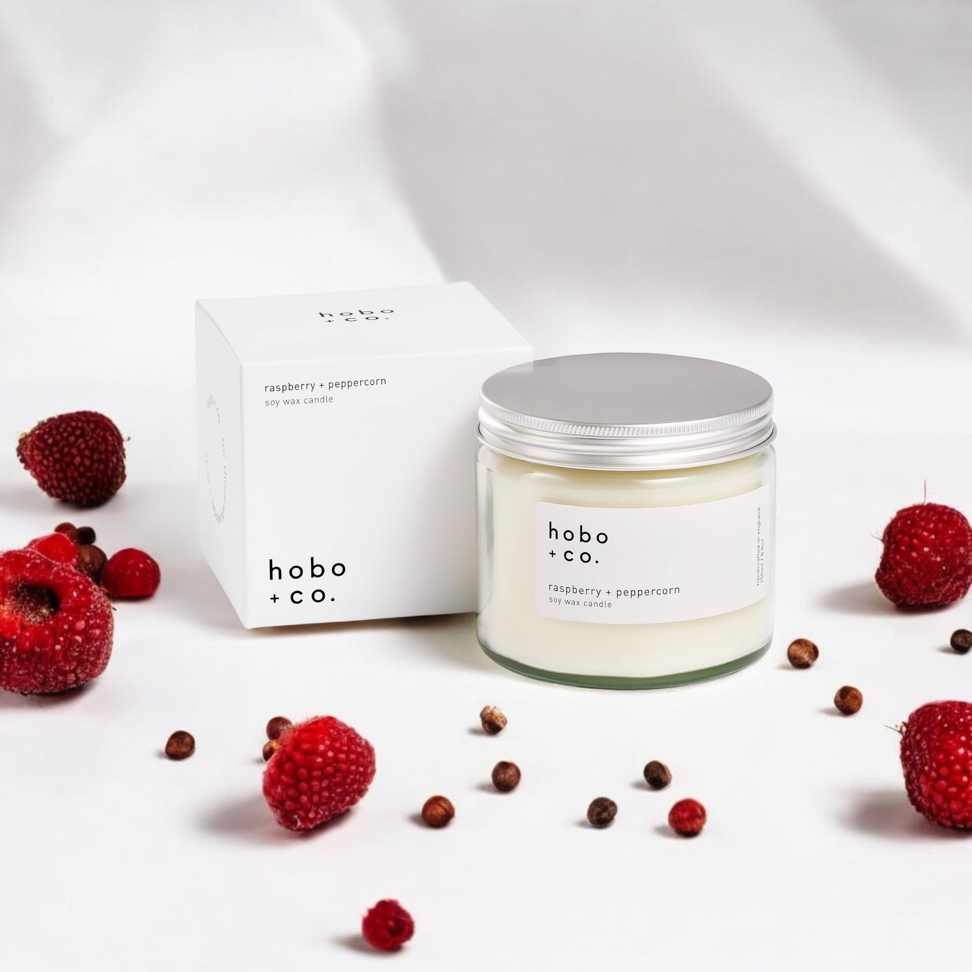 Hobo+Co Raspberry + Peppercorn Large Soy Candle at Joetie Home Fragrance. Luxury Handmade Apothecary Soy Candles