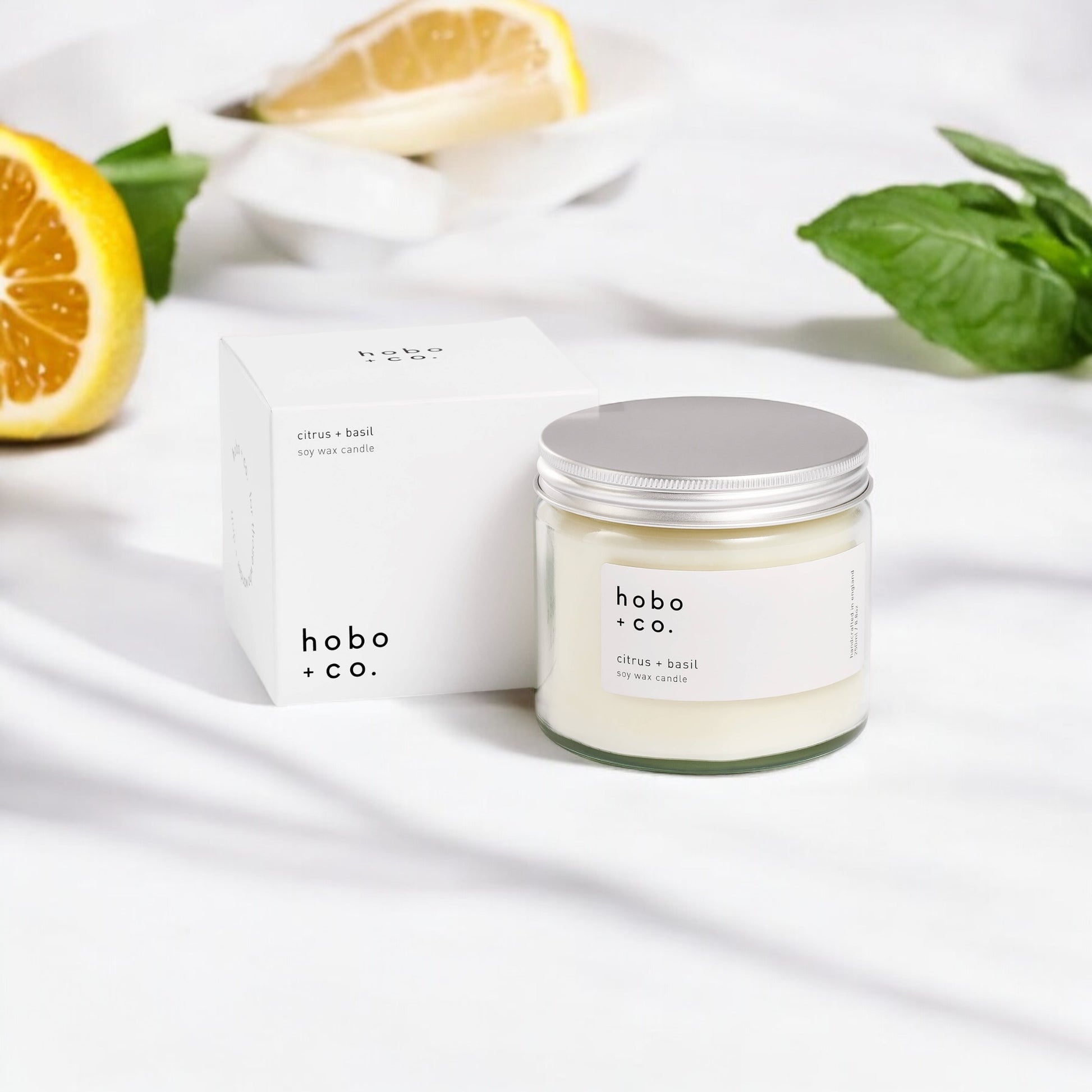 Hobo+Co Citrus + Basil Large Soy Candle at Joetie Home Fragrance. Luxury Handmade Apothecary Soy Candles