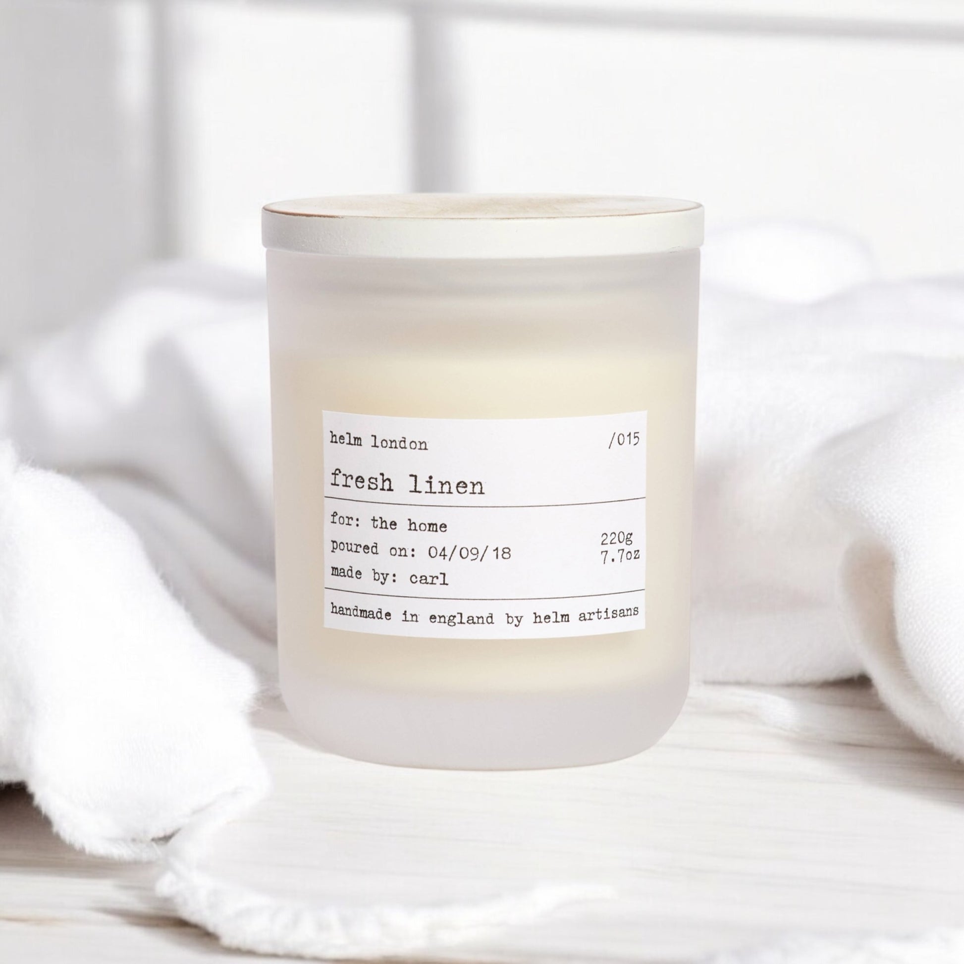 Helm London Fresh Linen Soy Wax Candle at Joetie Home Fragrance. Luxury Handmade Apothecary Soy Candles