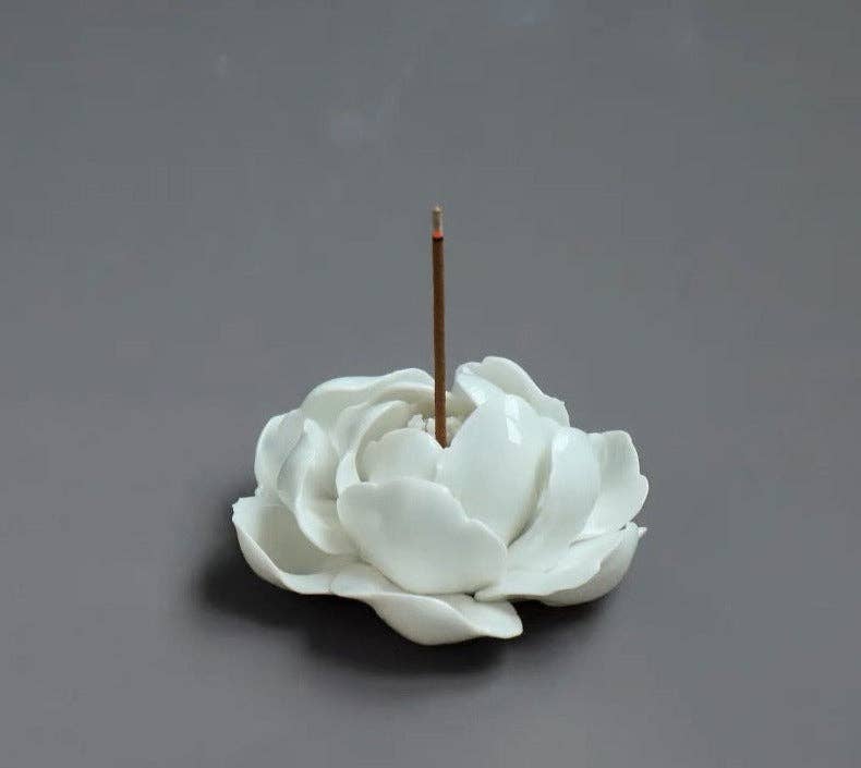 Gohobi Handmade Ceramic White Lotus Incense Stick Holder at Joetie Home Fragrance. Luxury Handmade Apothecary Soy Candles