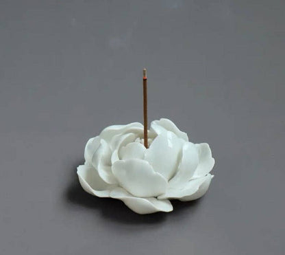 Gohobi Handmade Ceramic White Lotus Incense Stick Holder at Joetie Home Fragrance. Luxury Handmade Apothecary Soy Candles