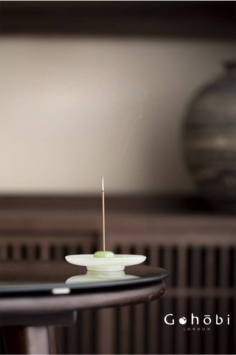 Gohobi Spring Shadow Glazed Incense Holder – Ceramic Ash Catching Incense Tray: Ink pattern incense plate - green