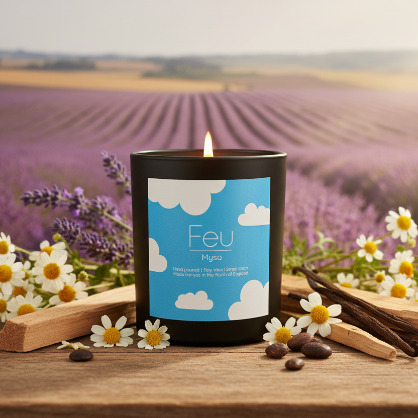 A black scented candle labeled 'Feu Myoï' sits on a wooden surface in a lavender field setting, surrounded by white daisies, lavender sprigs, cinnamon sticks, and coffee beans.