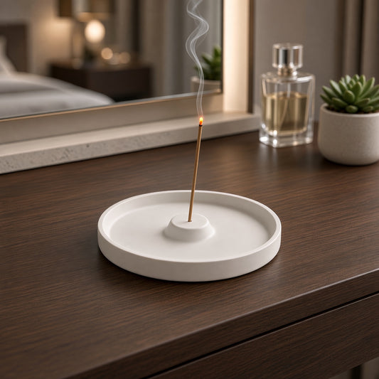 A white ceramic incense holder with a single burning incense stick, set on a dark wood dresser next to a glass perfume bottle and a small succulent plant.
