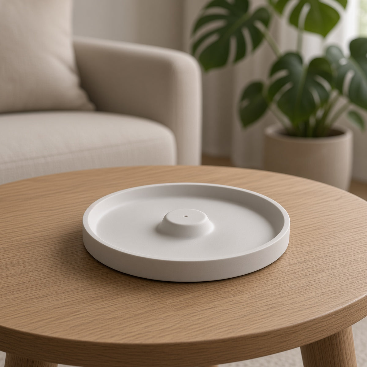 A round white ceramic tray with a small central pedestal, displayed on a light wood coffee table in a cozy living room setting with a sofa and a potted plant in the background.