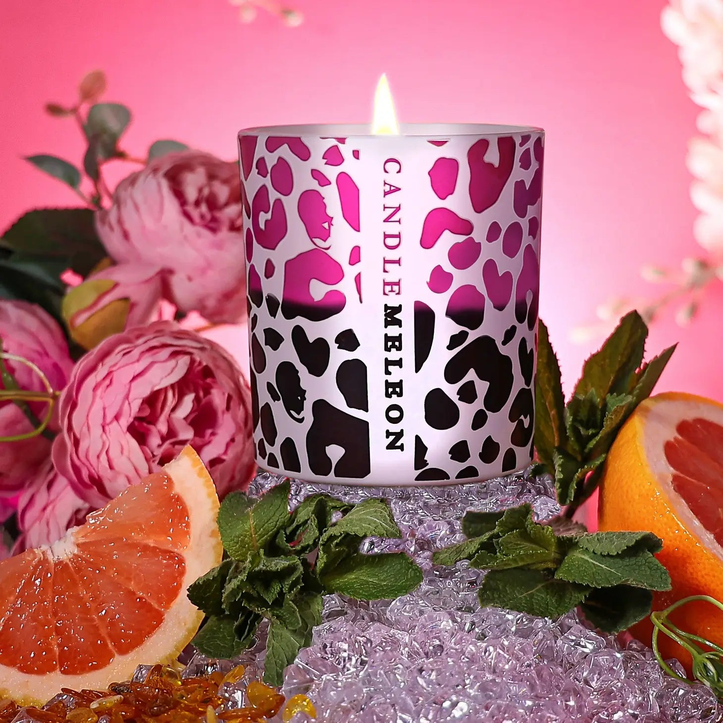 Candlemeleon Pink Leopard Woodenwick Soy Wax Candle at Joetie Home Fragrance. Luxury Handmade Apothecary Soy Candles