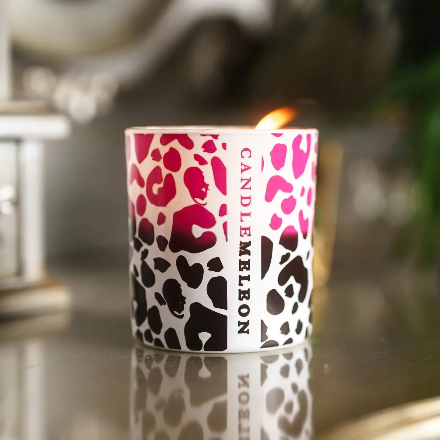 Candlemeleon Pink Leopard Woodenwick Soy Wax Candle at Joetie Home Fragrance. Luxury Handmade Apothecary Soy Candles