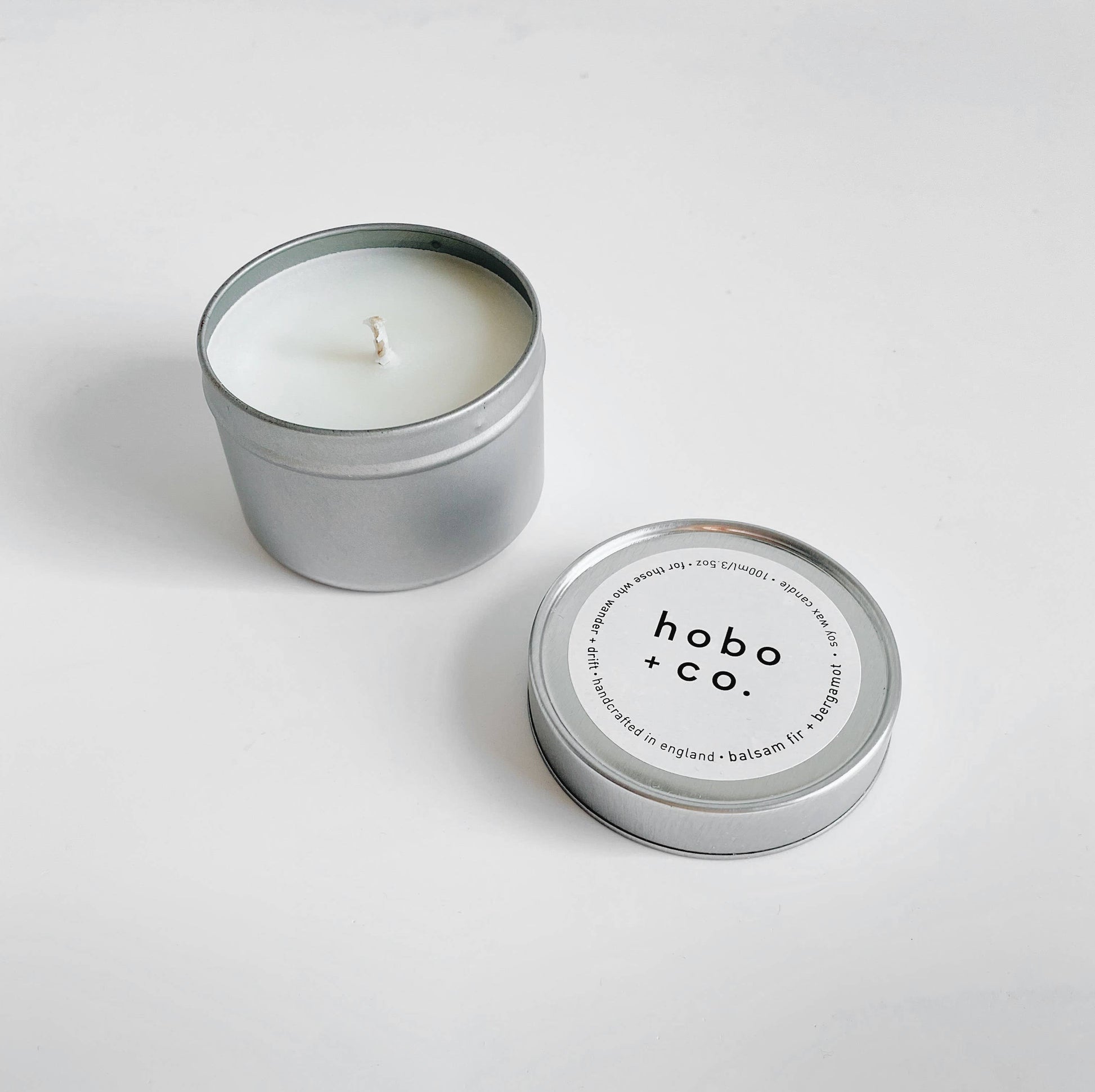 Hobo+Co Balsam Fir & Bergamot Travel Tin Soy Wax Candle at Joetie Home Fragrance. Luxury Handmade Apothecary Soy Candles