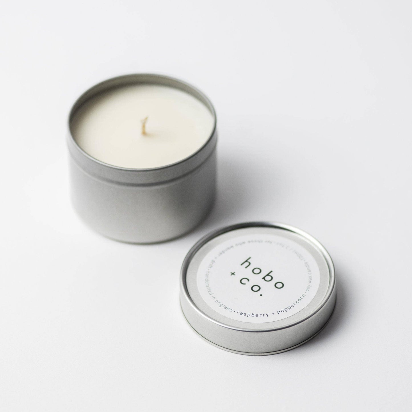Hobo+Co Raspberry & Peppercorn Travel Tin Soy Wax Candle at Joetie Home Fragrance. Luxury Handmade Apothecary Soy Candles