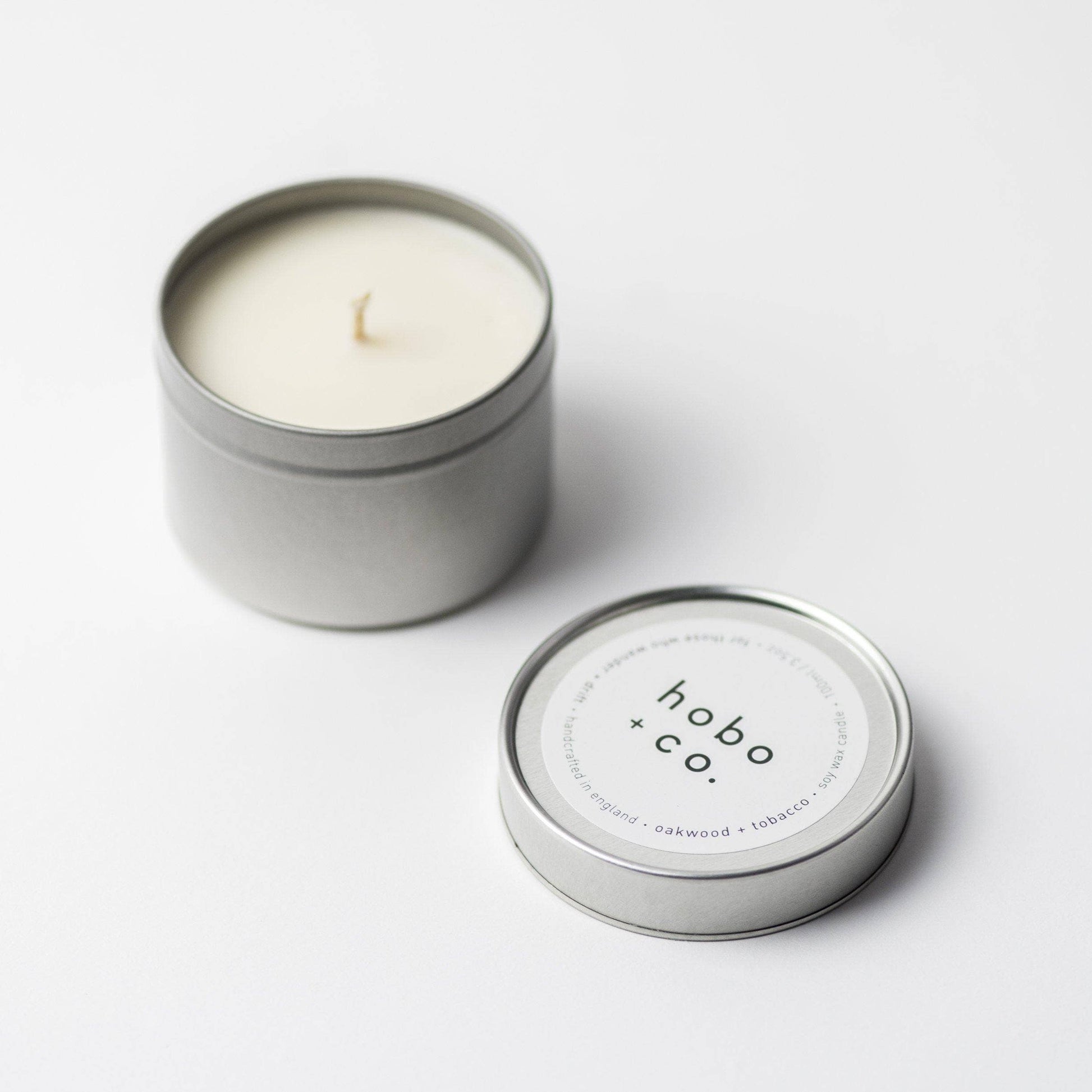 Hobo+Co Oakwood & Tobacco Travel Tin Soy Wax Candle at Joetie Home Fragrance. Luxury Handmade Apothecary Soy Candles