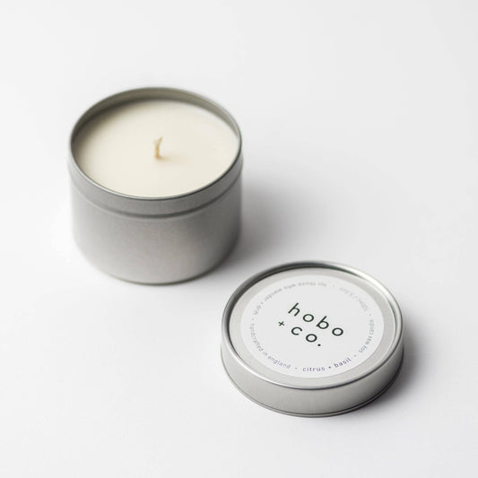Hobo+Co Citrus & Basil Travel Tin Soy Wax Candle at Joetie Home Fragrance. Luxury Handmade Apothecary Soy Candles