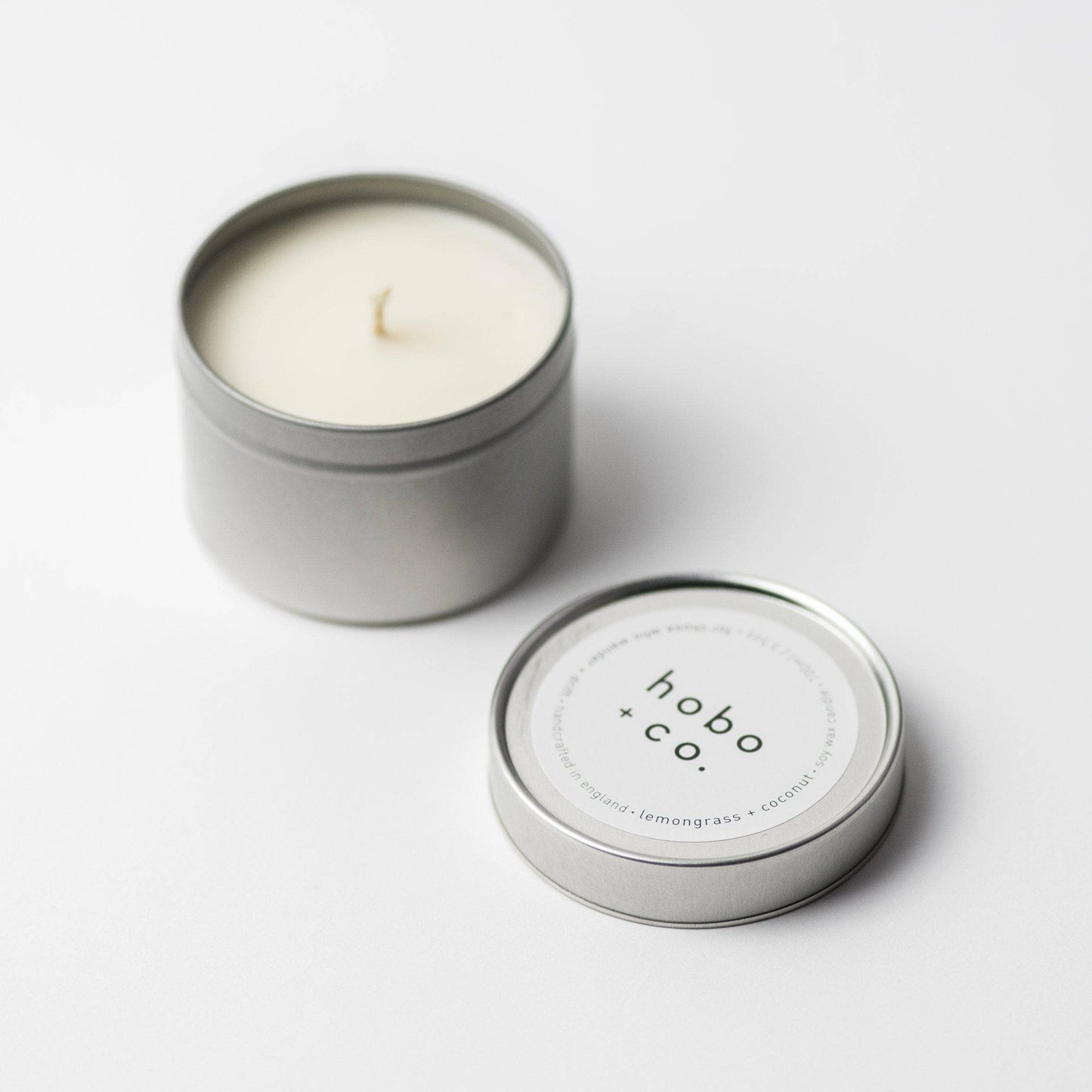 Hobo+Co Lemongrass & Coconut Travel Tin Soy Wax Candle at Joetie Home Fragrance. Luxury Handmade Apothecary Soy Candles